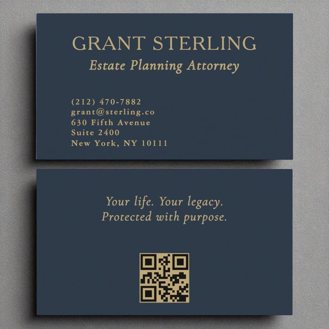 Estate Planning Attorney Navy Blue Gold QR Code  Business Card (Creator Uploaded)