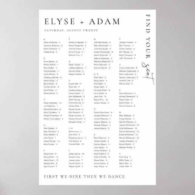 Estelle Modern Minimal Alphabetical Seating Poster (Front)