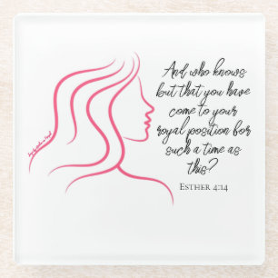 Esther 4:14 Scripture Bible Verse Pink Silhouette Glass Coaster