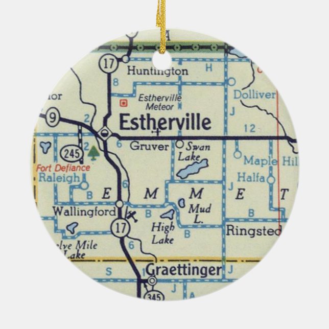 Estherville Iowa Meteor Map Ceramic Tree Decoration (Back)