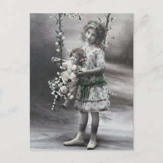 Esthetic Girl with her Doll Vintage Black&White Postcard