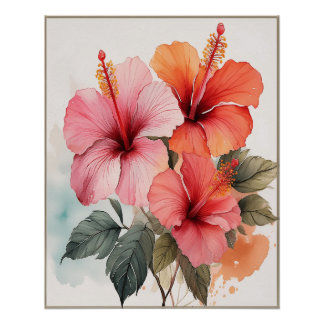 Esthetic Watercolour Floral Hibiscus Wall Poster