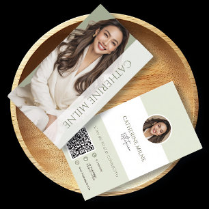 Esthetician Beautician Green QR Code & Photo Business Card
