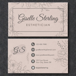 Esthetician Blush Floral Line Art Script Business Card