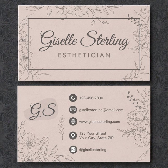 Esthetician Blush Floral Line Art Script Business Card (Creator Uploaded)