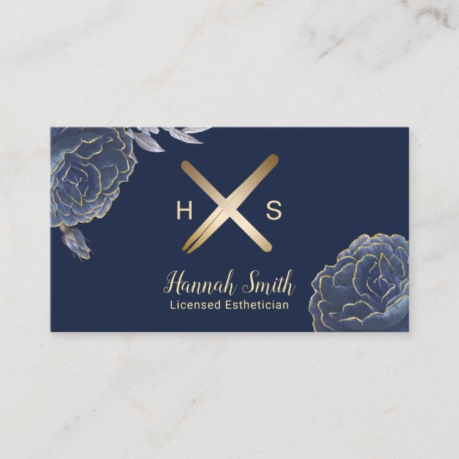 Esthetician Gold Wax Stick & Tweezer Navy Floral Business Card (Front)
