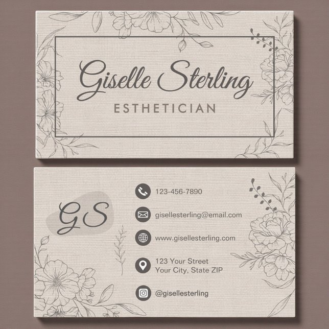 Esthetician Linen Floral Line Art Script Business Card (Creator Uploaded)