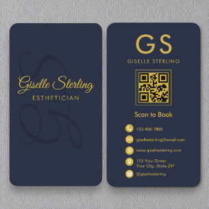 Esthetician Monogram Navy Blue Gold QR Code Business Card