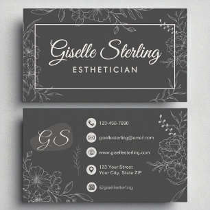 Esthetician Moody Charcoal Gray Floral Modern Business Card