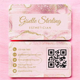 Esthetician Pink Gold Agate QR Code Business Card