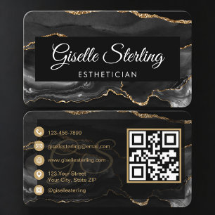 Esthetician QR Code Black Gold Agate Luxury Business Card