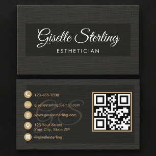 Esthetician QR Code Black Linen Luxury Business Card