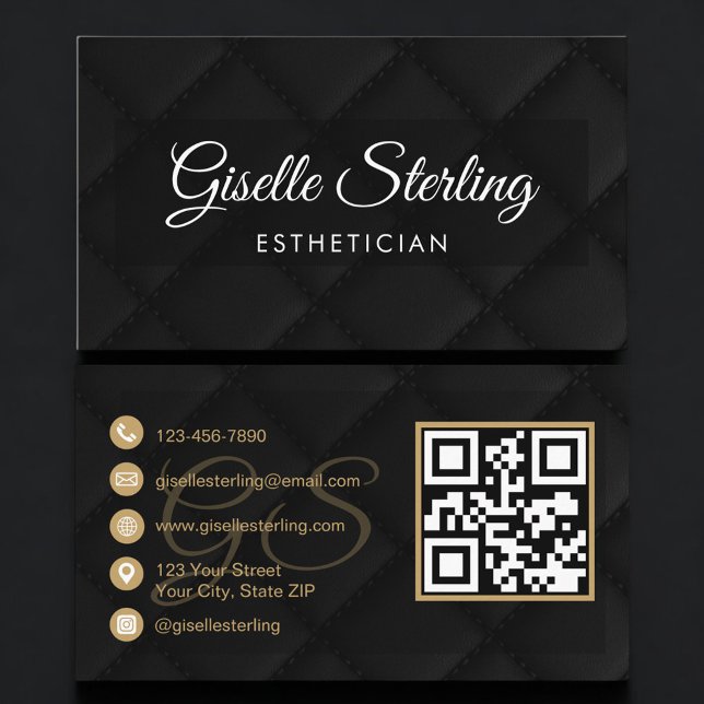 Esthetician QR Code Black Quilted Leather Luxury  Business Card (Creator Uploaded)