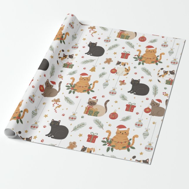 estive Meowy Christmas Cat Pattern Gift Wrapping Paper (Unrolled)