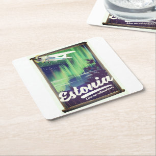 Estonia Northern lights adventure poster. Square Paper Coaster