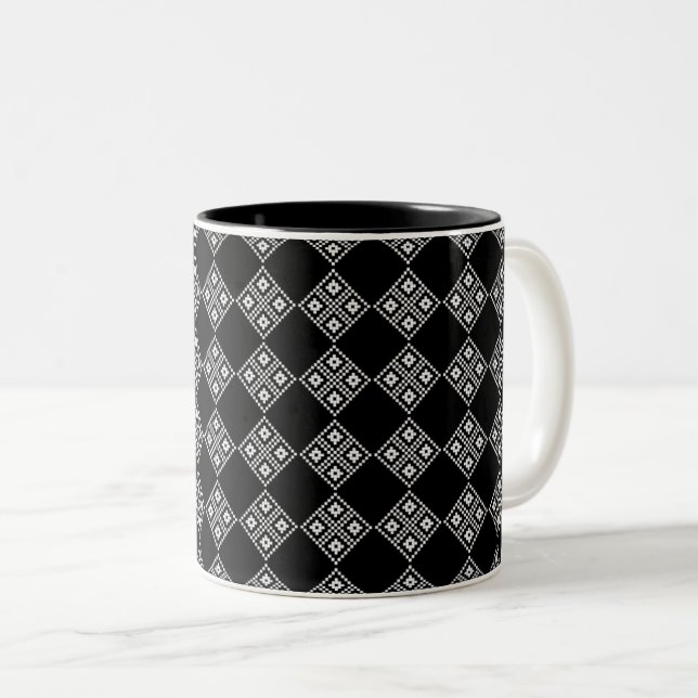 Estonian Black and White Knitting Pattern Two-Tone Coffee Mug (Front Right)