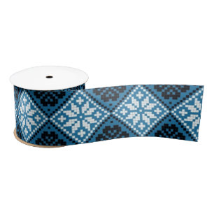 Estonian Blue Black and White Mitten Pattern Satin Ribbon