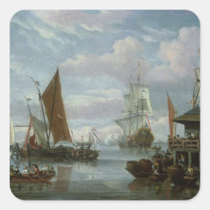 Estuary Scene with Boats and Fisherman Square Sticker