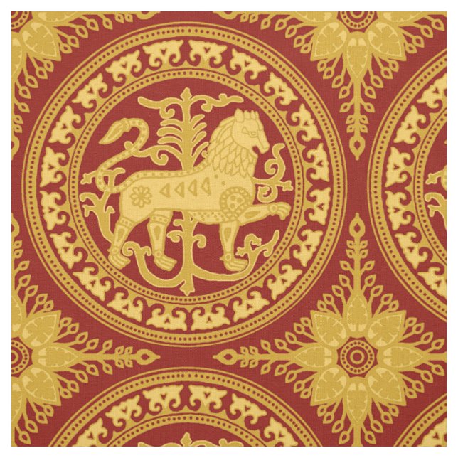 Esztergom Lion, Yellow on Dark Red Fabric (Swatch)