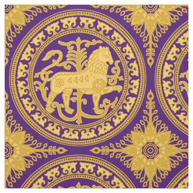 Esztergom Lion, Yellow on Deep Purple Fabric (Swatch)