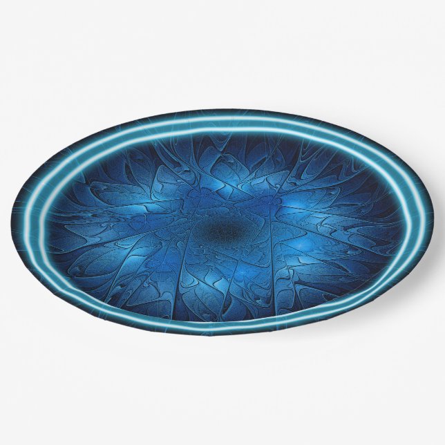 Etched-Look Blue Fractal Star of David Paper Plate (Angled)