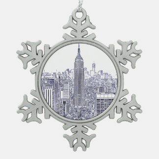 Etched Look NYC Skyline, Round Frame Snowflake Pewter Christmas Ornament