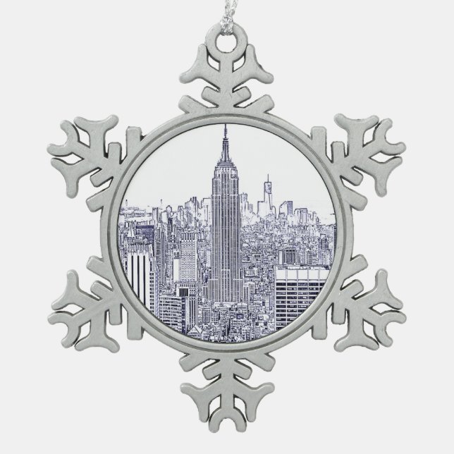 Etched Look NYC Skyline, Round Frame Snowflake Pewter Christmas Ornament (Front)