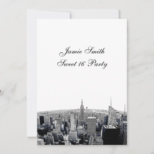 Etched NYC Fisheye Skyline 2 BW Sweet 16 V Invitation (Front)