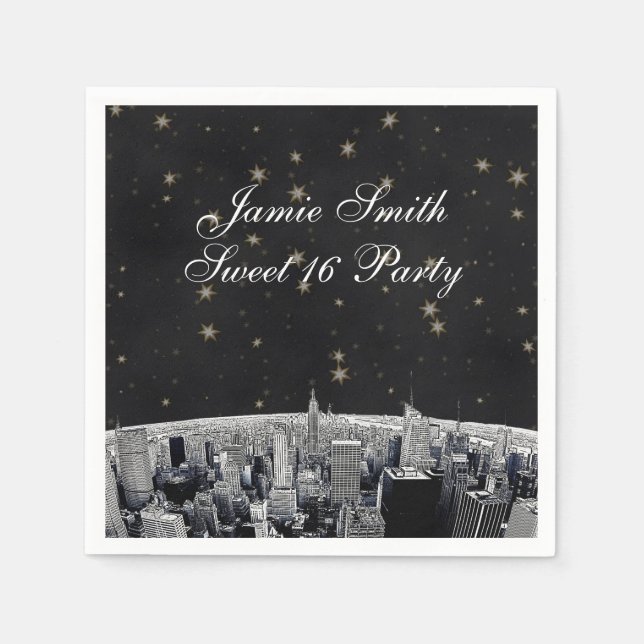 Etched NYC Skyline 2 Black Gold Star Napkin (Front)