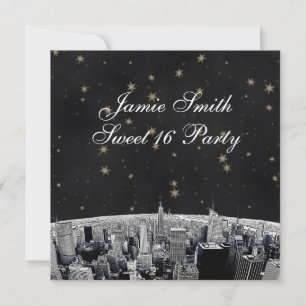 Etched NYC Skyline 2 Black Gold Star Sweet 16 Invitation