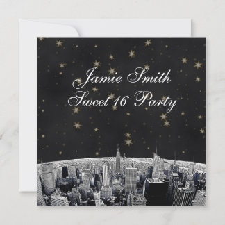 Etched NYC Skyline 2 Black Gold Star Sweet 16 Invitation