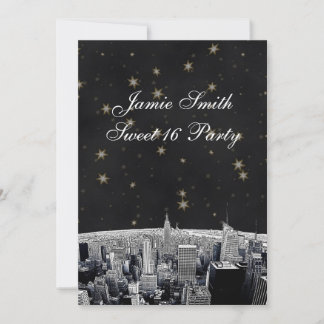 Etched NYC Skyline 2 Black Gold Star Sweet 16 V Invitation