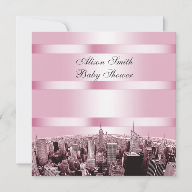 Etched NYC Skyline 2 Black Pink Baby Shower Invitation (Front)