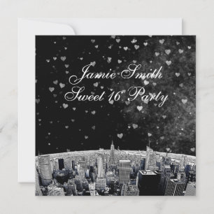Etched NYC Skyline #2 Black White Heart Sweet 16 Invitation