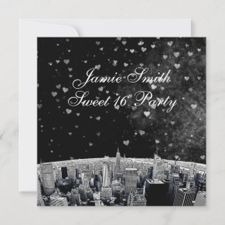 Etched NYC Skyline #2 Black White Heart Sweet 16 Invitation