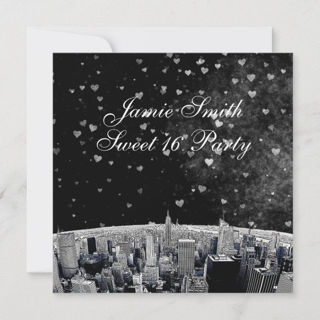 Etched NYC Skyline #2 Black White Heart Sweet 16 Invitation (Front)