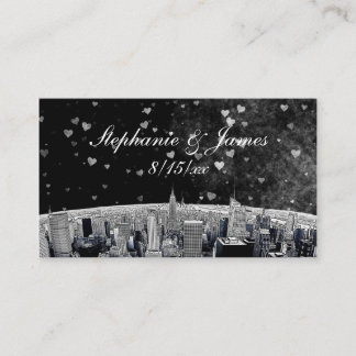 Etched NYC Skyline #2 Black Wht Heart Escort Cards