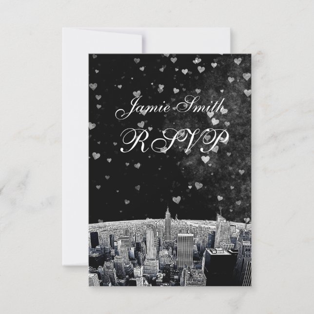Etched NYC Skyline #2 Black Wht Heart RSVP Card (Front)