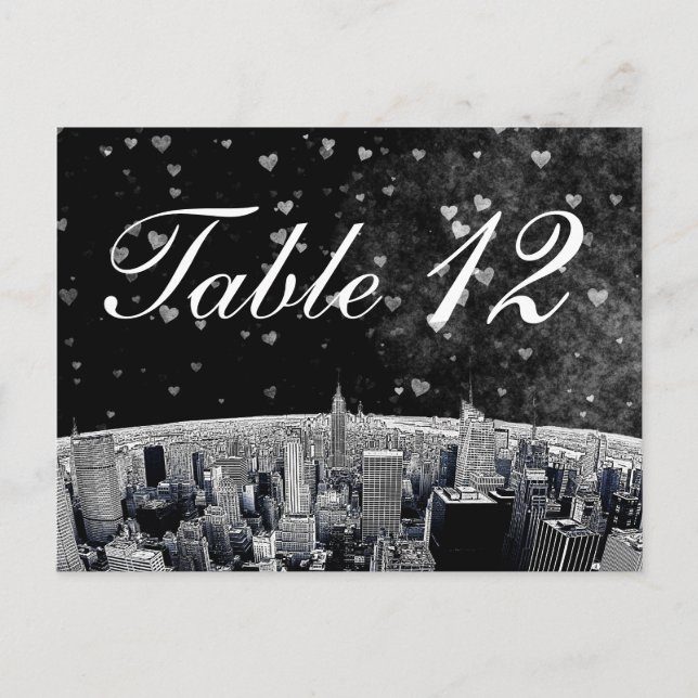 Etched NYC Skyline #2 Black Wht Heart Table Number Postcard (Front)
