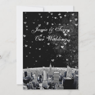 Etched NYC Skyline #2 Black Wht Heart Wedding Invitation