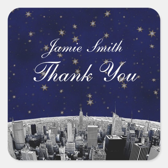 Etched NYC Skyline 2 Blue Gold Star Thank You Square Sticker (Front)