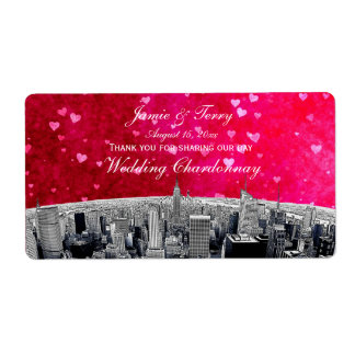 Etched NYC Skyline #2 Pink Red Heart H Wine Label