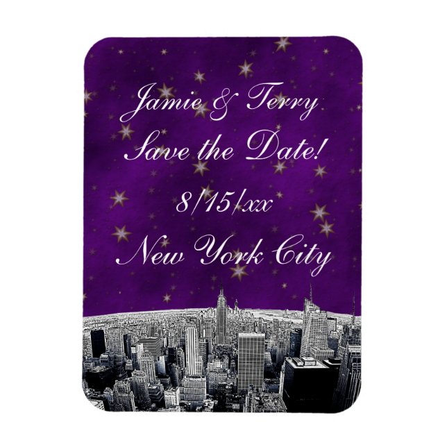 Etched NYC Skyline 2 Purple Gold Star Save Date Magnet (Vertical)