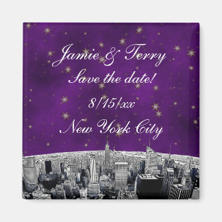 Etched NYC Skyline 2 Purple Gold Star Save Date Magnet