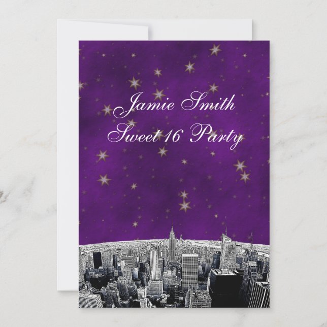 Etched NYC Skyline 2 Purple Gold Star Sweet 16 V Invitation (Front)