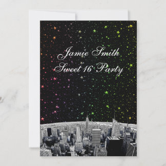 Etched NYC Skyline 2 Rainbow Star Sweet 16 V Invitation