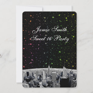 Etched NYC Skyline 2 Rainbow Star Sweet 16 V Invitation