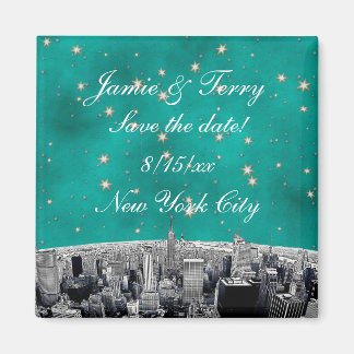 Etched NYC Skyline 2 Teal Gold Star Save Date Magnet