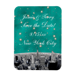 Etched NYC Skyline 2 Teal Gold Star Save The Date Magnet