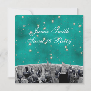 Etched NYC Skyline 2 Teal Gold Star Sweet 16 Invitation